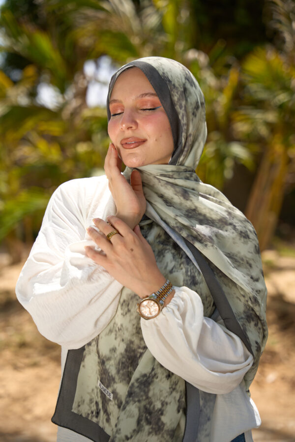 Elegant Marble Iranian Silk Scarf-Olive