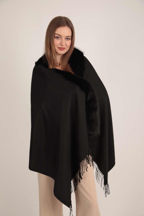 Premium Fur Tassel Poncho-Black