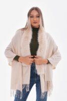 Premium Fur Tassel Poncho-Light Beige