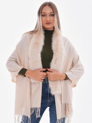 Premium Fur Tassel Poncho-Light Beige