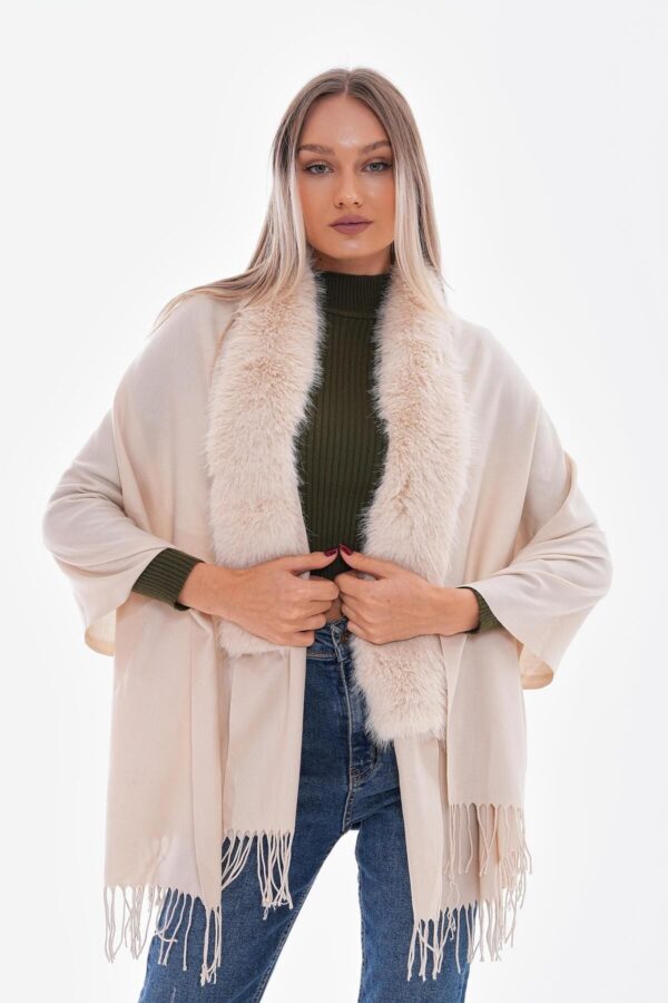 Premium Fur Tassel Poncho-Light Beige