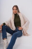 Premium Fur Tassel Poncho-Light Beige