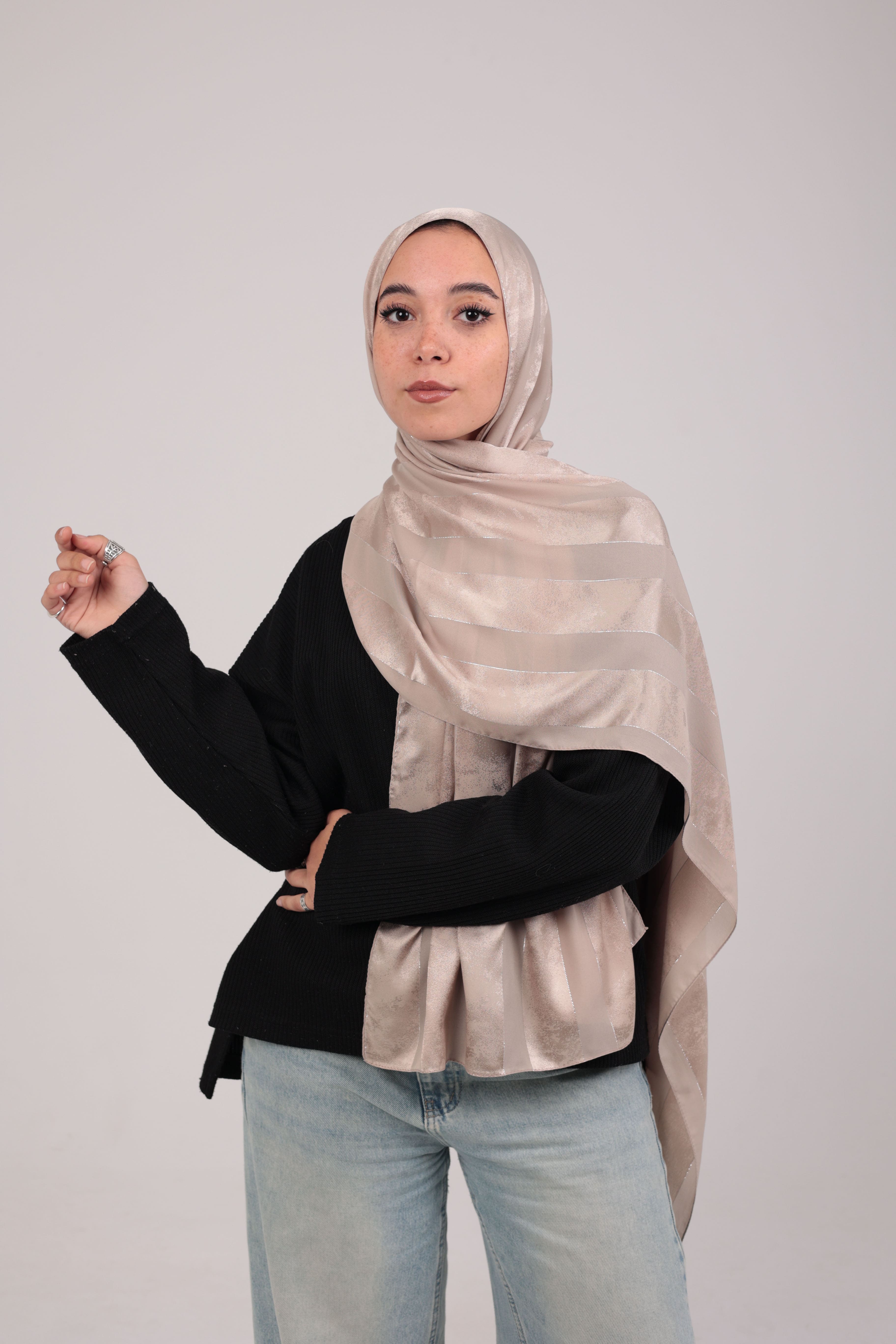 Striped Cotton scarf-Beige