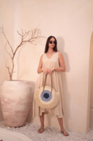 1027 Handmade Eye Bead Beige Straw Bag