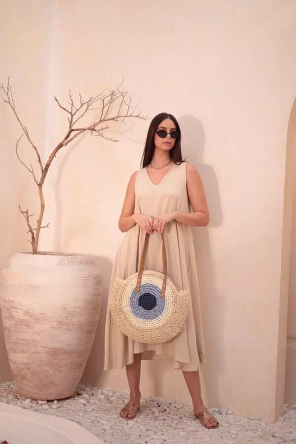 1027 Handmade Eye Bead Beige Straw Bag