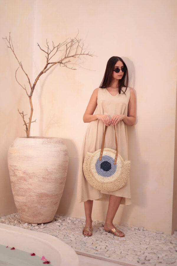 1027 Handmade Eye Bead Beige Straw Bag