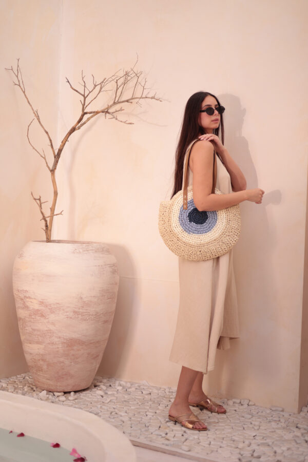1027 Handmade Eye Bead Beige Straw Bag