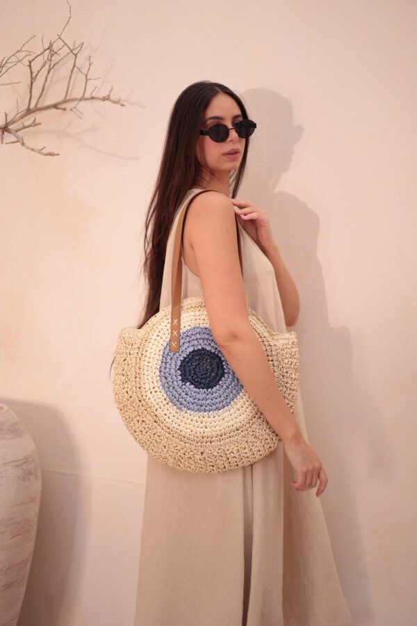 1027 Handmade Eye Bead Beige Straw Bag