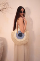 1027 Handmade Eye Bead Beige Straw Bag