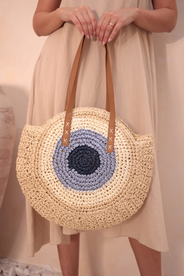 1027 Handmade Eye Bead Beige Straw Bag