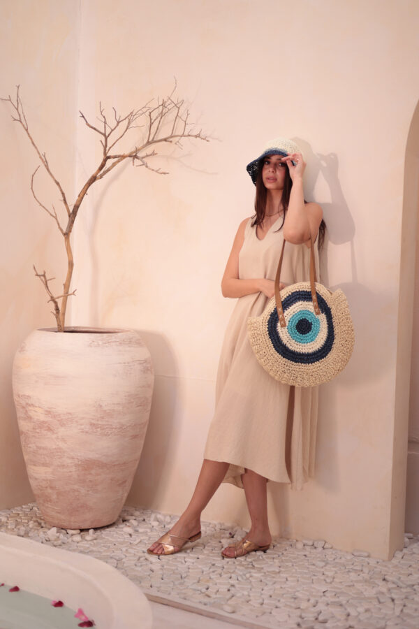 1027 Handmade Eye Bead Navy Blue Straw Bag