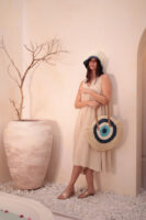 1027 Handmade Eye Bead Navy Blue Straw Bag