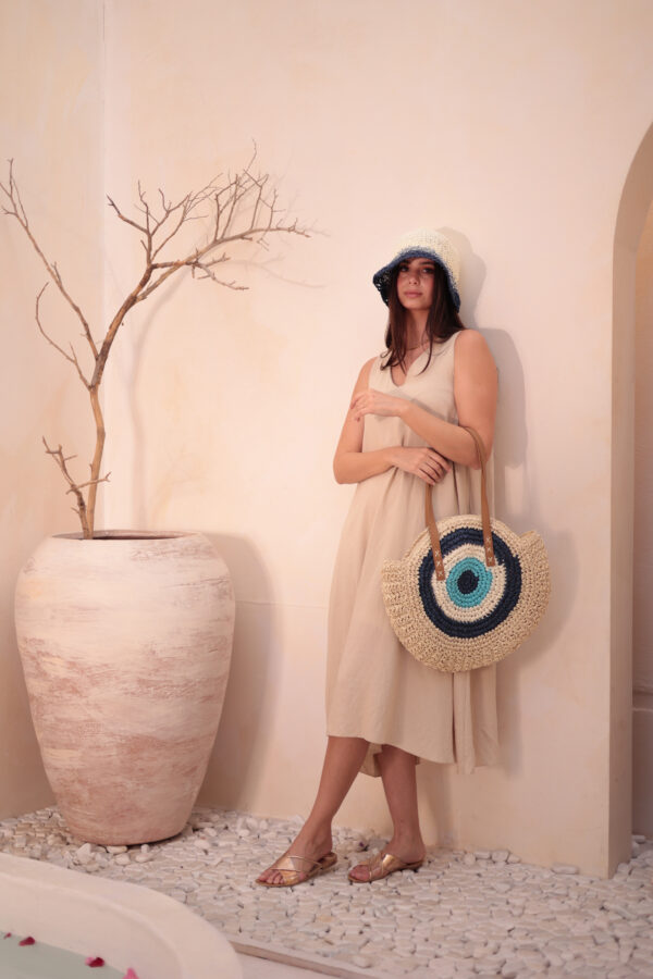 1027 Handmade Eye Bead Navy Blue Straw Bag