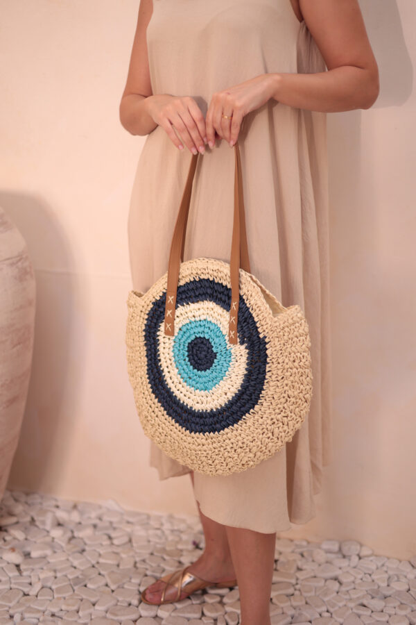 1027 Handmade Eye Bead Navy Blue Straw Bag