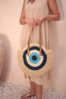 1027 Handmade Eye Bead Navy Blue Straw Bag