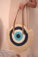 1027 Handmade Eye Bead Navy Blue Straw Bag
