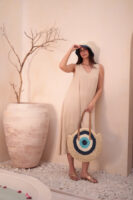 1027 Handmade Eye Bead Navy Blue Straw Bag