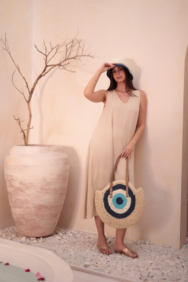 1027 Handmade Eye Bead Navy Blue Straw Bag