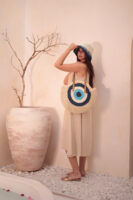 1027 Handmade Eye Bead Navy Blue Straw Bag