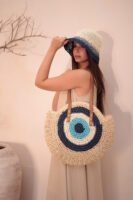 1027 Handmade Eye Bead Navy Blue Straw Bag