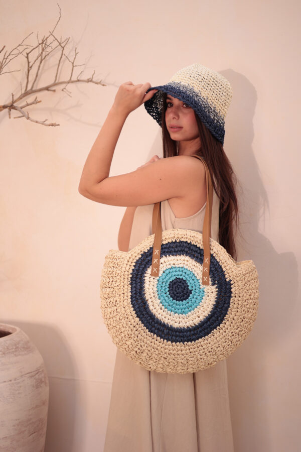 1027 Handmade Eye Bead Navy Blue Straw Bag