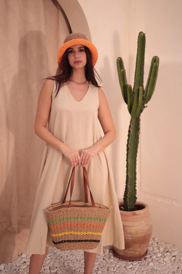 1017 Striped Camel Straw Bag