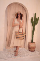 1043 Camel Striped Straw Bag