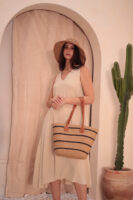 1043 Camel Striped Straw Bag