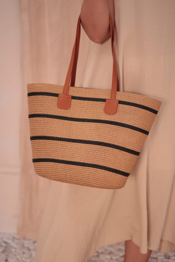 1043 Camel Striped Straw Bag