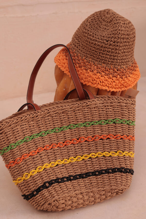 1017 Striped Camel Straw Bag