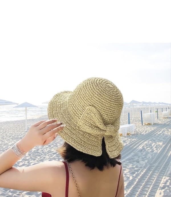 14527-Handmade Bowknot Beige Straw Hat