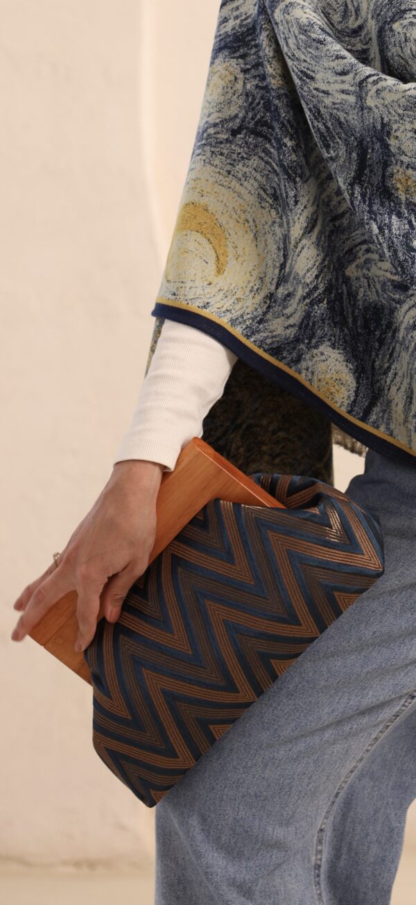 JOPHIEL Turkish Wooden Bursted Fabric Clutch, Handbag