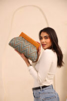JOPHIEL Turkish Wooden Bursted Fabric Clutch Bag, Handbag