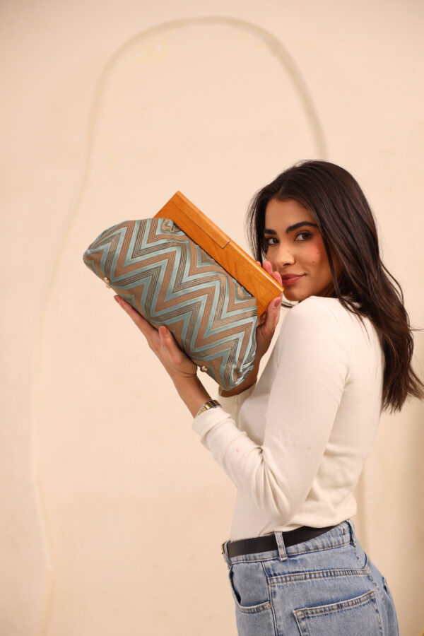 JOPHIEL Turkish Wooden Bursted Fabric Clutch Bag, Handbag