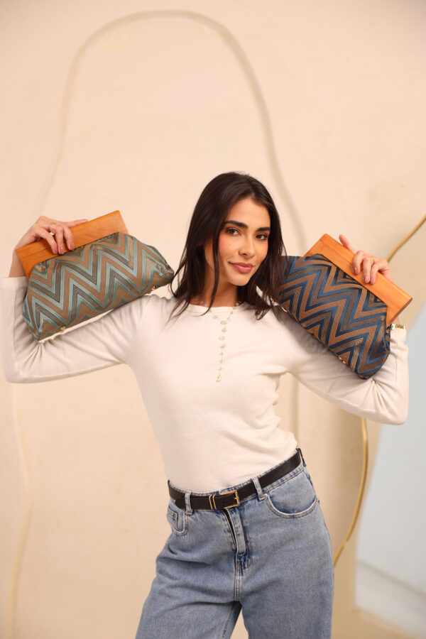 JOPHIEL Turkish Wooden Bursted Fabric Clutch Bag, Handbag