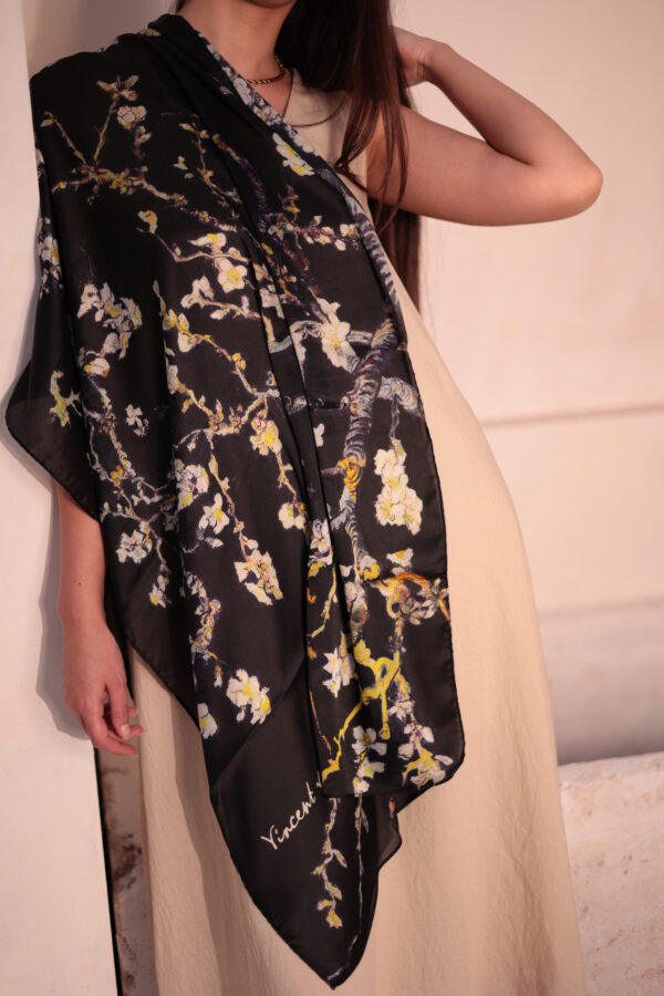 Almond Blossom Italian Silk Scarf-Black