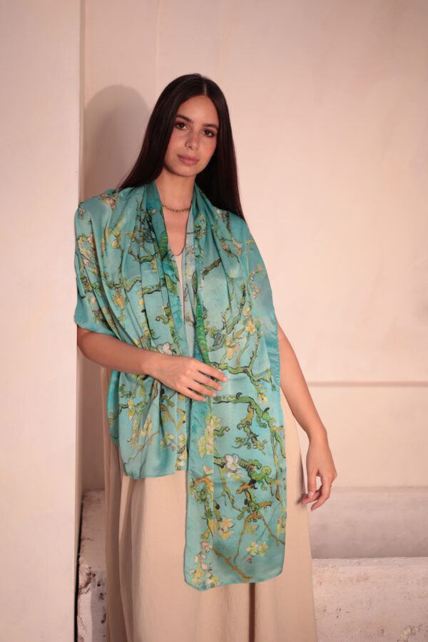 Almond Blossom Italian Silk Scarf-Aqua