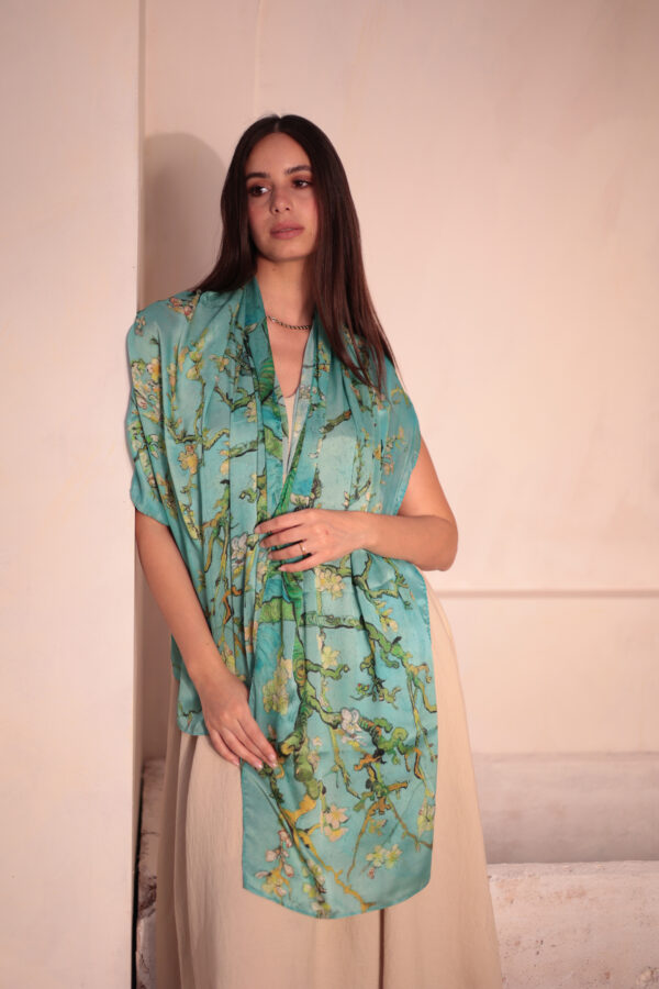 Almond Blossom Italian Silk Scarf-Aqua