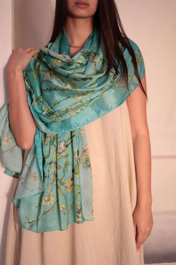 Almond Blossom Italian Silk Scarf-Aqua