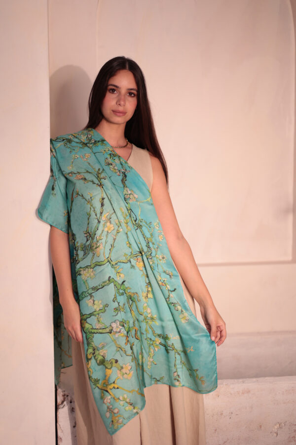 Almond Blossom Italian Silk Scarf-Aqua