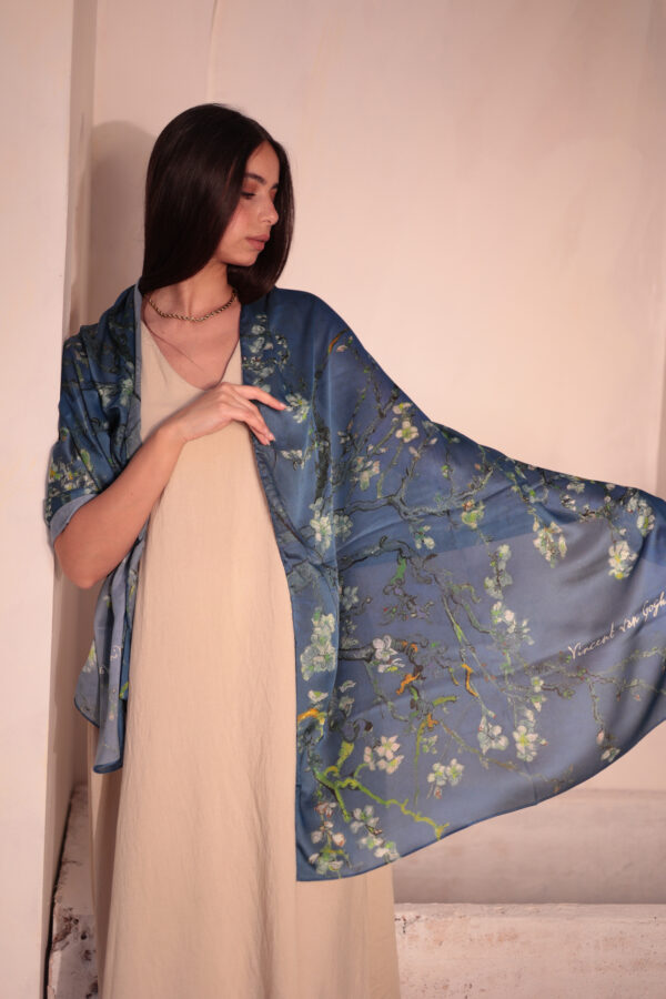 Almond Blossom Italian Silk Scarf-Petroleum Blue
