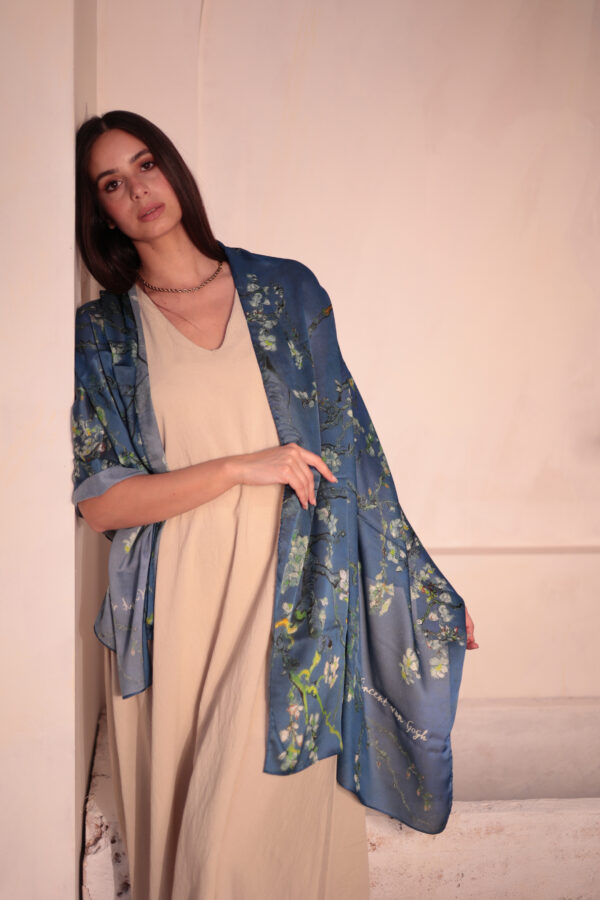 Almond Blossom Italian Silk Scarf-Petroleum Blue