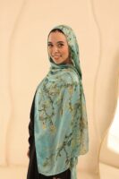Almond Blossom Italian Silk Scarf-Aqua