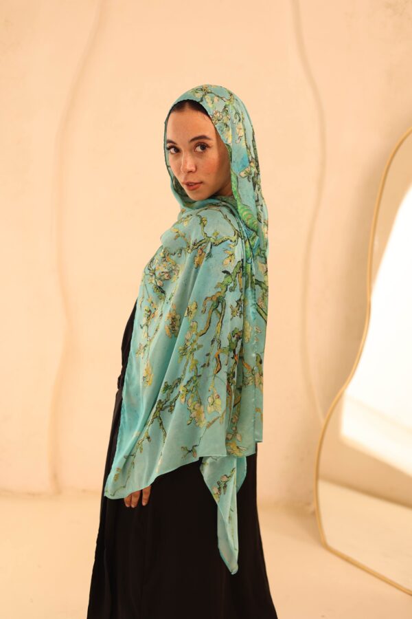 Almond Blossom Italian Silk Scarf-Aqua