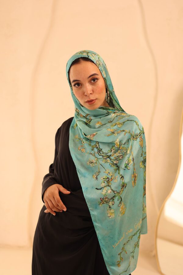Almond Blossom Italian Silk Scarf-Aqua