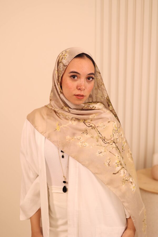Almond Blossom Italian Silk Scarf-Beige