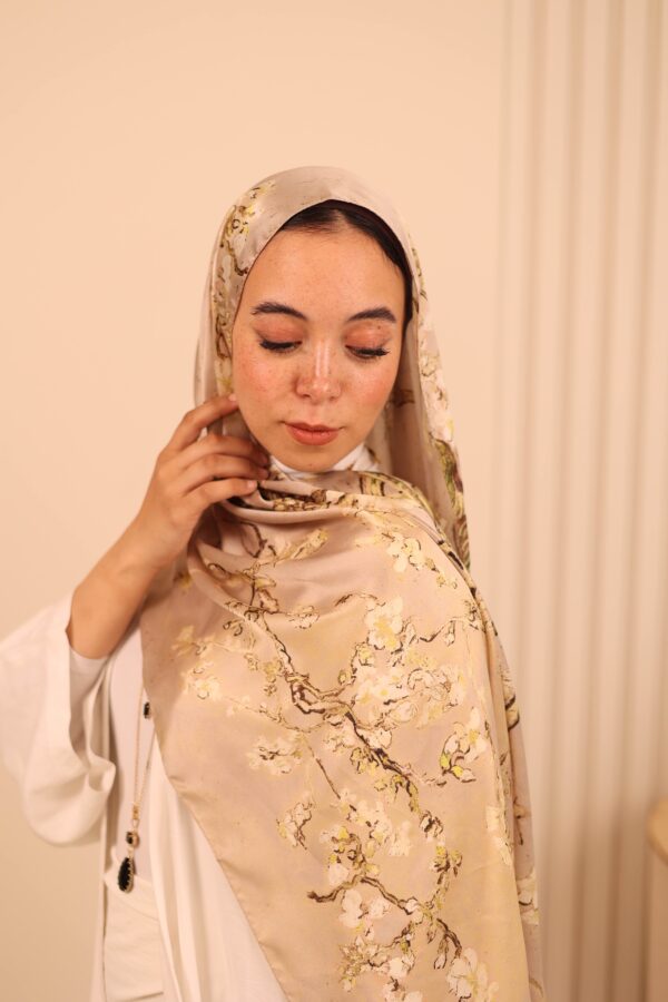 Almond Blossom Italian Silk Scarf-Beige