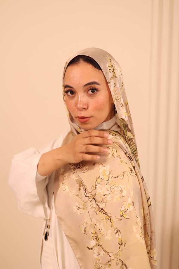 Almond Blossom Italian Silk Scarf-Beige