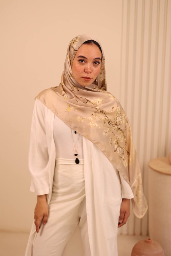 Almond Blossom Italian Silk Scarf-Beige