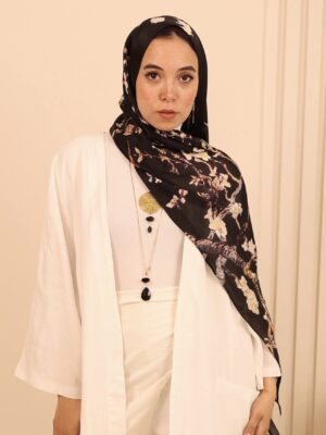 Almond Blossom Italian Silk Scarf-Black